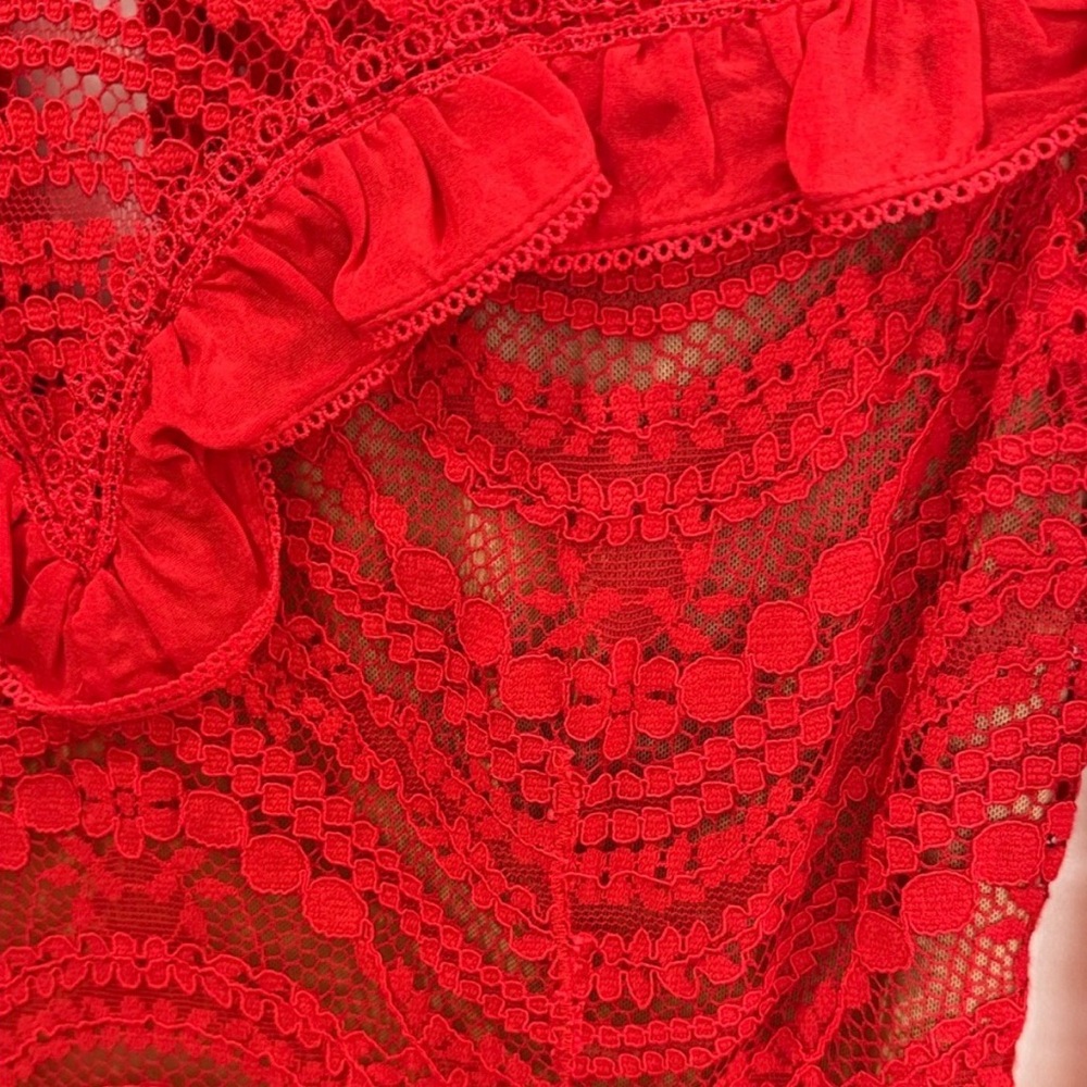 Jonathan Simkhai Red Lace Ruffle Mini Dress Long Sleeve Scallop Cocktail XS sz2 - Picture 9 of 15